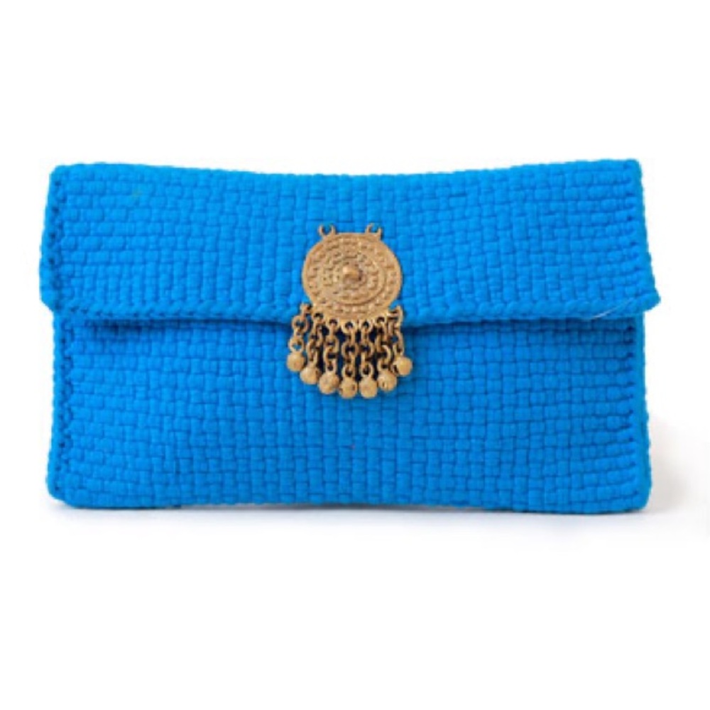 Vibrant Blue Hand Woven Clutch Gold Accent crochet antique brass pendant Braided